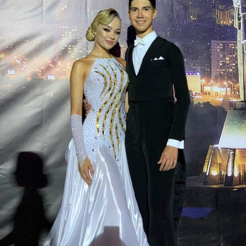 Luxury White Ballroom Dance Gown with Gold Accents